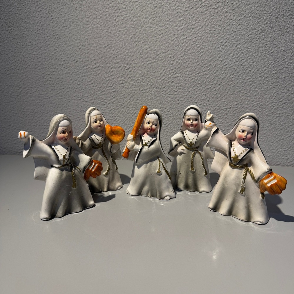 Thames Baseball Nuns Figurines Set of 5 White Vintage Hand Painted Japan Kitsch